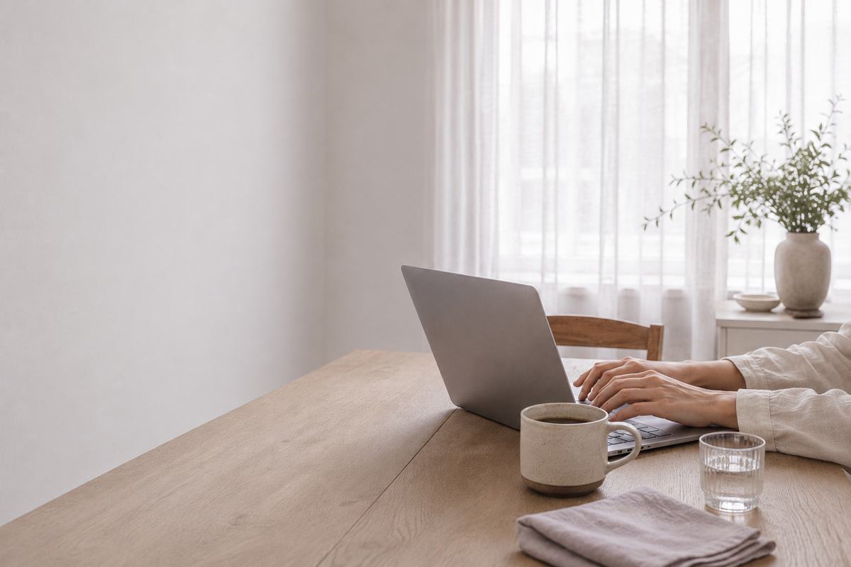A woman at a kitchen table with a laptop