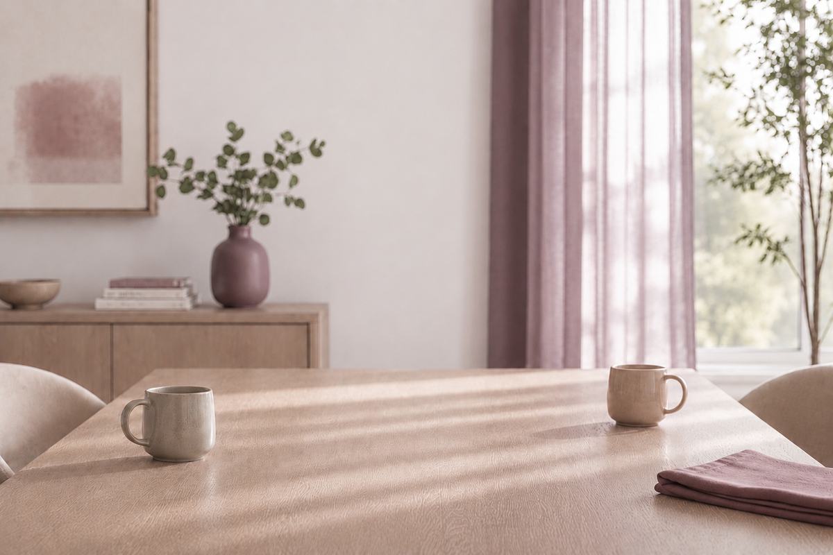 A dining table with two cups in morning light