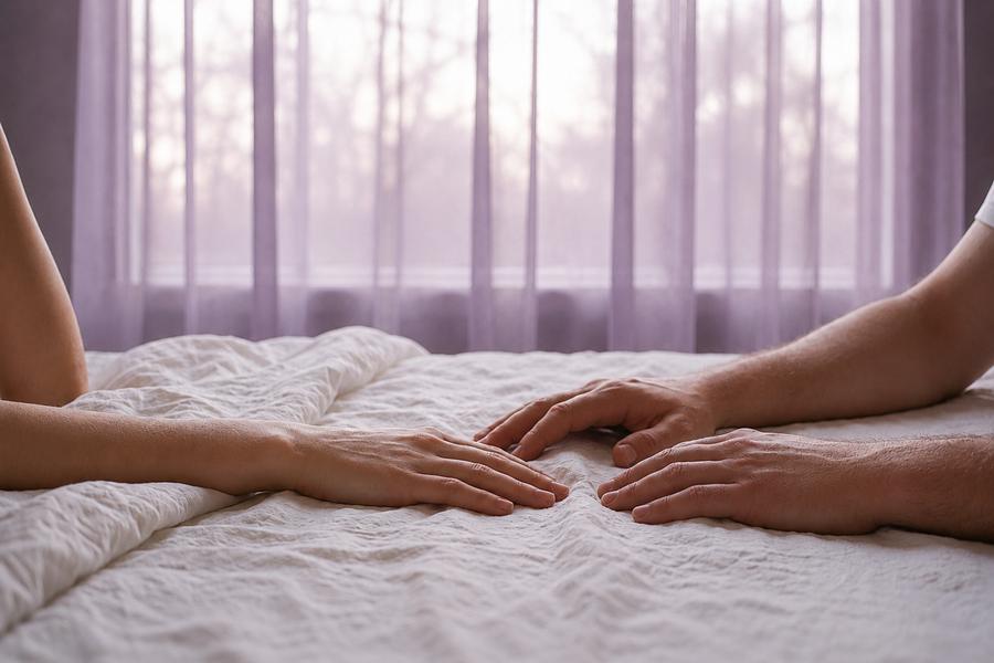 Two hands resting on a bed, not quite touching